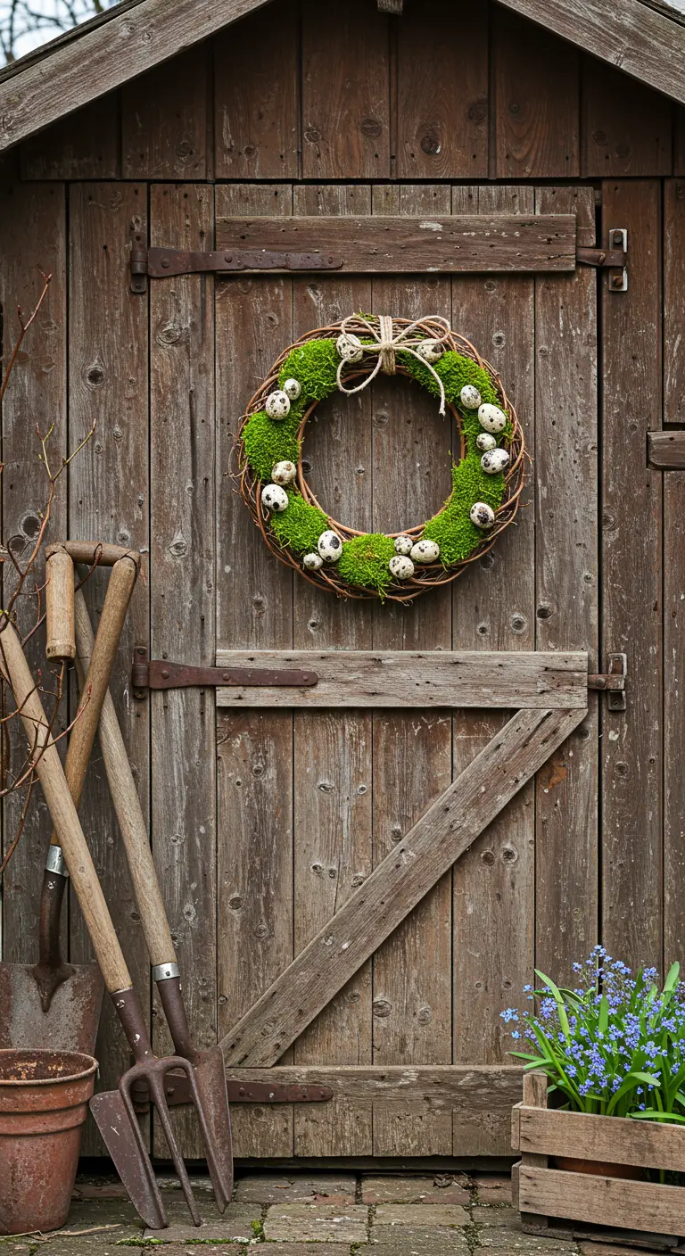 Couronne de mousse verte simple avec des œufs de caille sur une porte de grange en bois.