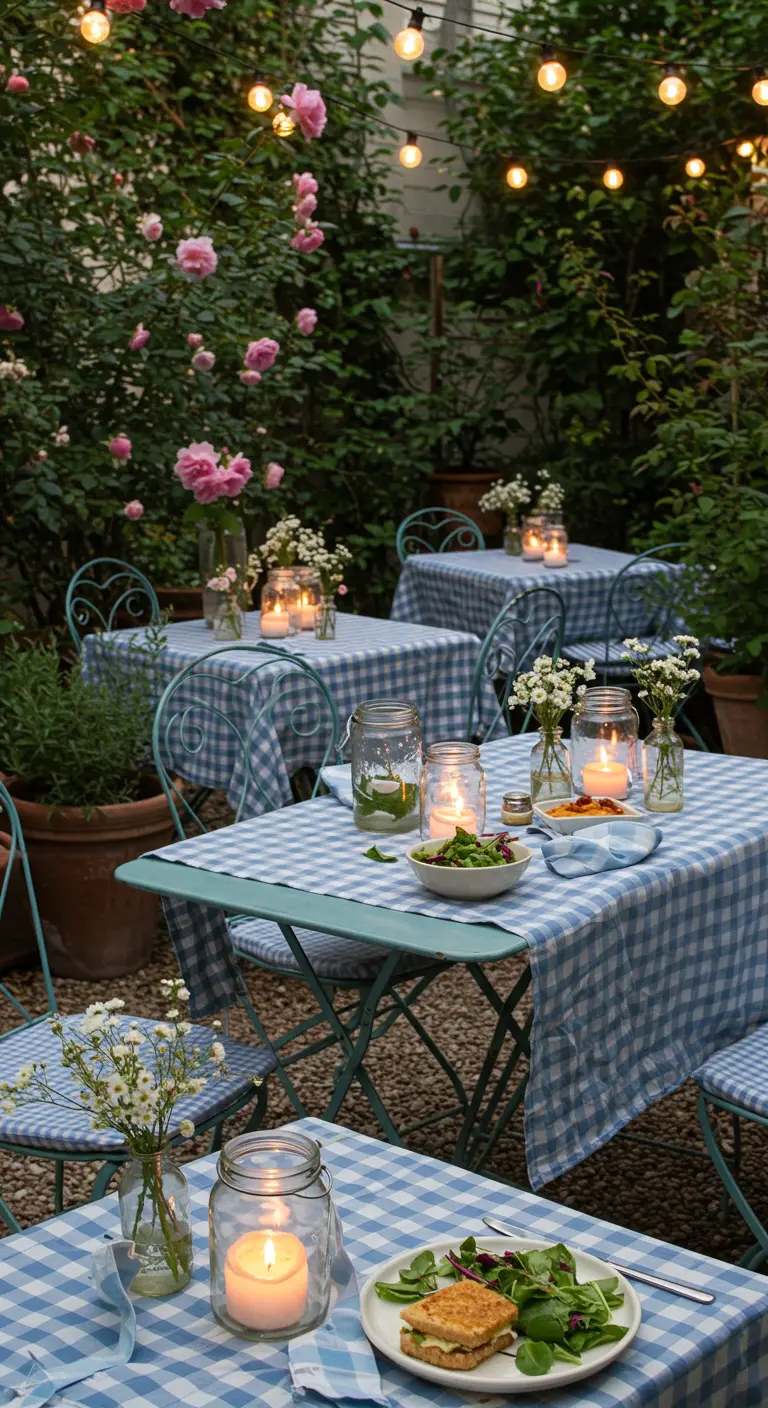 Café de jardin avec tables à carreaux, chaises bistro et bougies en bocaux.
