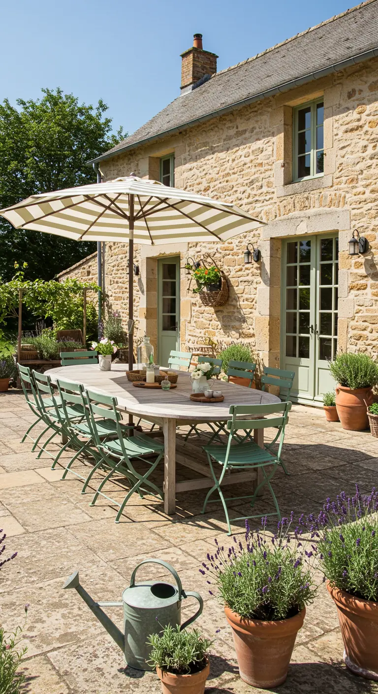 Table ovale en bois, chaises vert sauge, parasol rayé sur terrasse en pierre avec lavande en pot.