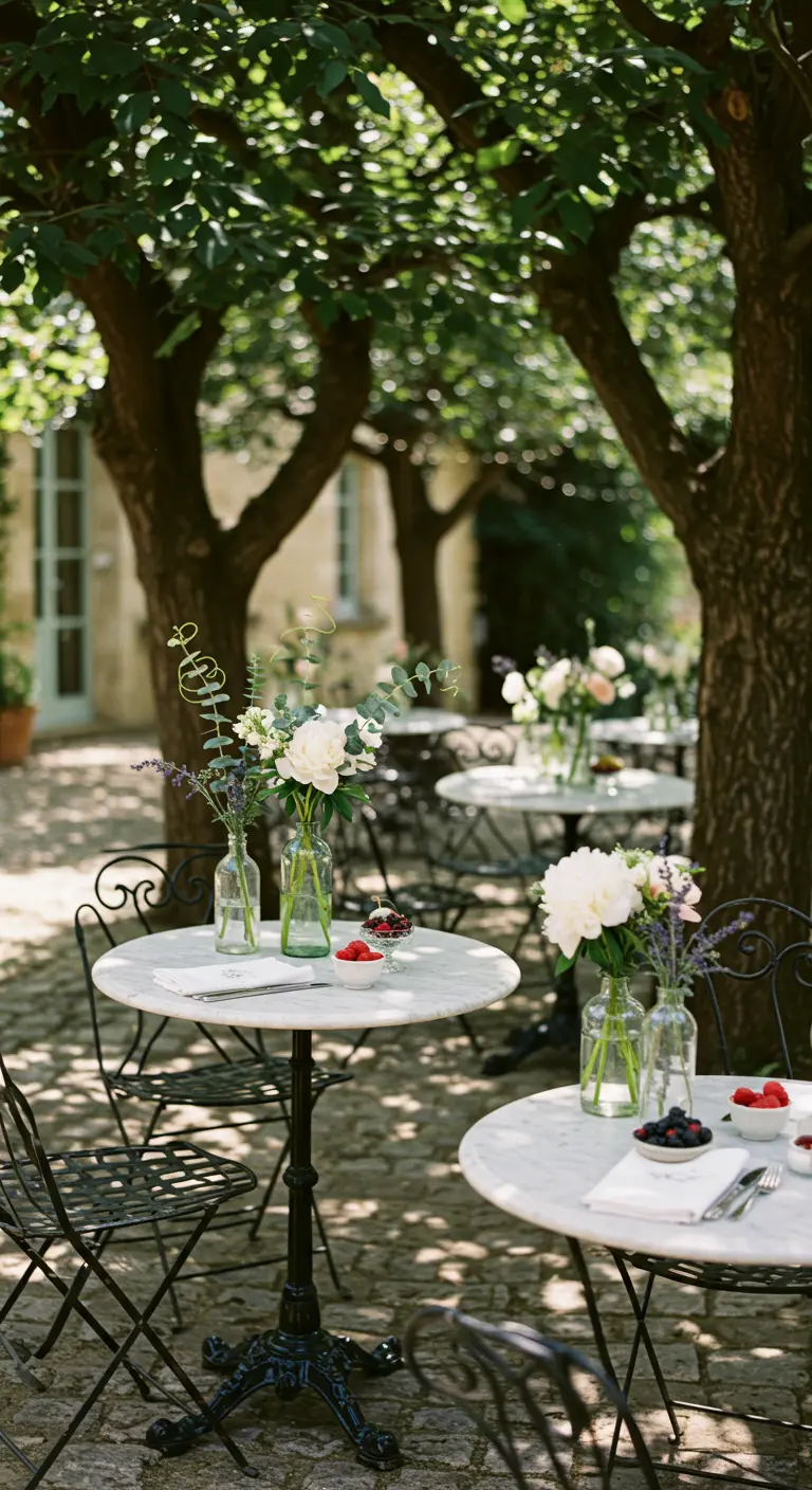 Petites tables rondes en marbre en extérieur, bouquets de pivoines blanches et lavande dans des bouteilles.