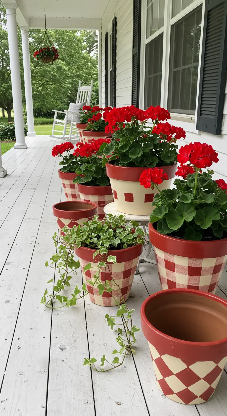Pots en terre cuite peints avec des motifs de vichy rouge et blanc.