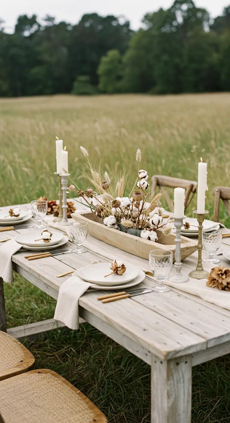 Table rustique en plein air avec un centre de table de fleurs de coton et d'épis de blé.