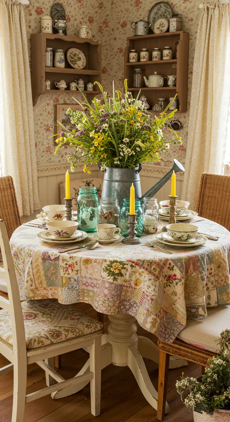 Table ronde avec un grand bouquet de fleurs des champs dans un arrosoir, bocaux en verre et vaisselle vintage.