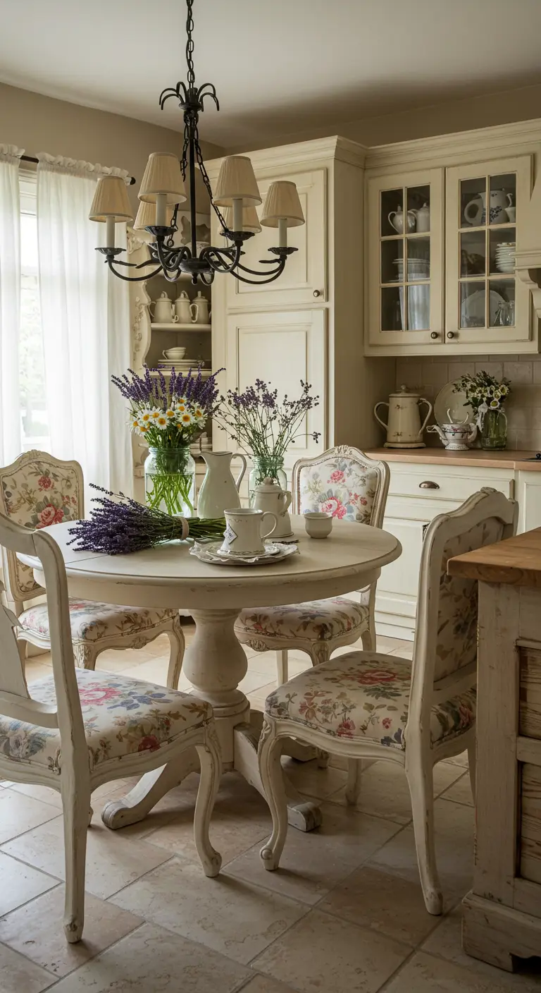 Cuisine de style shabby chic avec une table ronde et un centre de table de lavande et marguerites dans des vases et pichets.