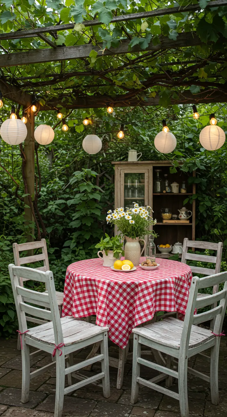 Table de jardin avec nappe vichy rouge, chaises en bois, marguerites, lanternes en papier et guirlandes lumineuses.