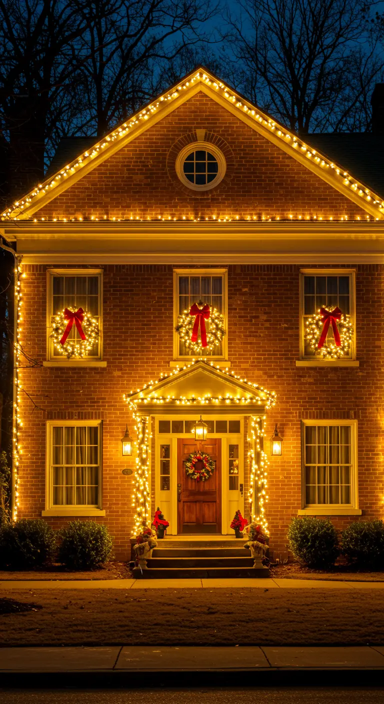 Façade en briques décorée de guirlandes lumineuses chaudes et de couronnes de Noël avec rubans rouges.