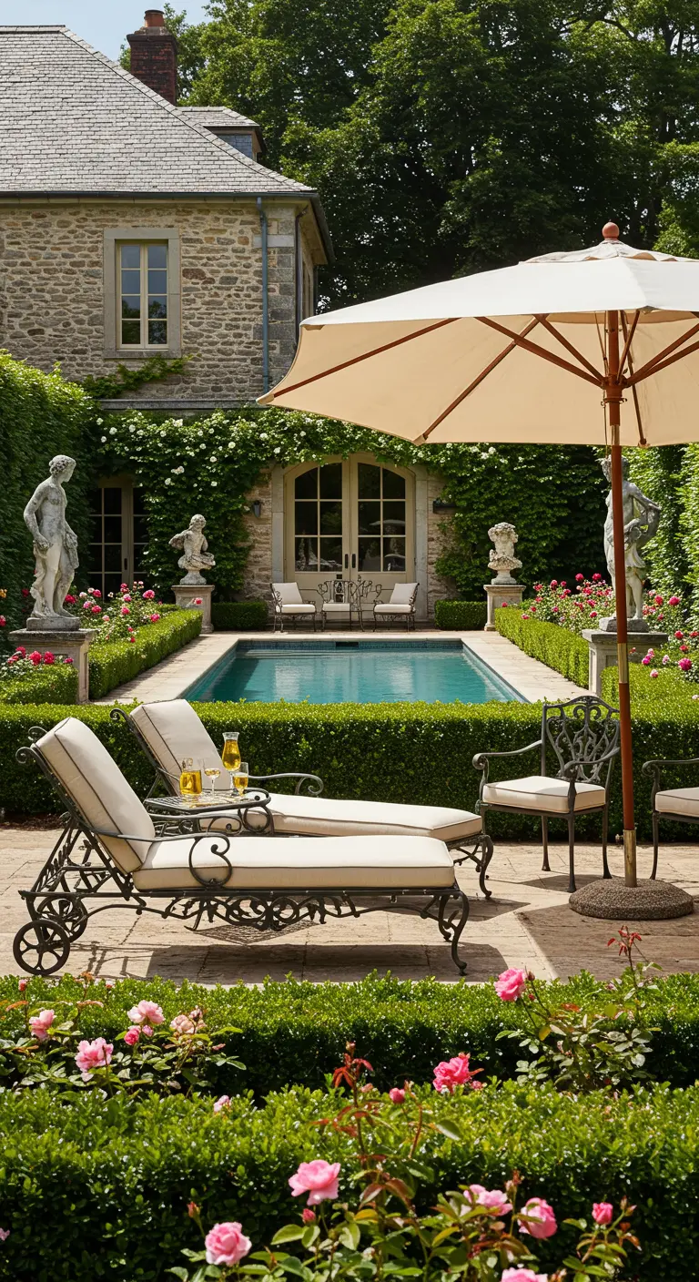 Jardin à la française avec piscine, transats en fer forgé, rosiers et statues classiques.