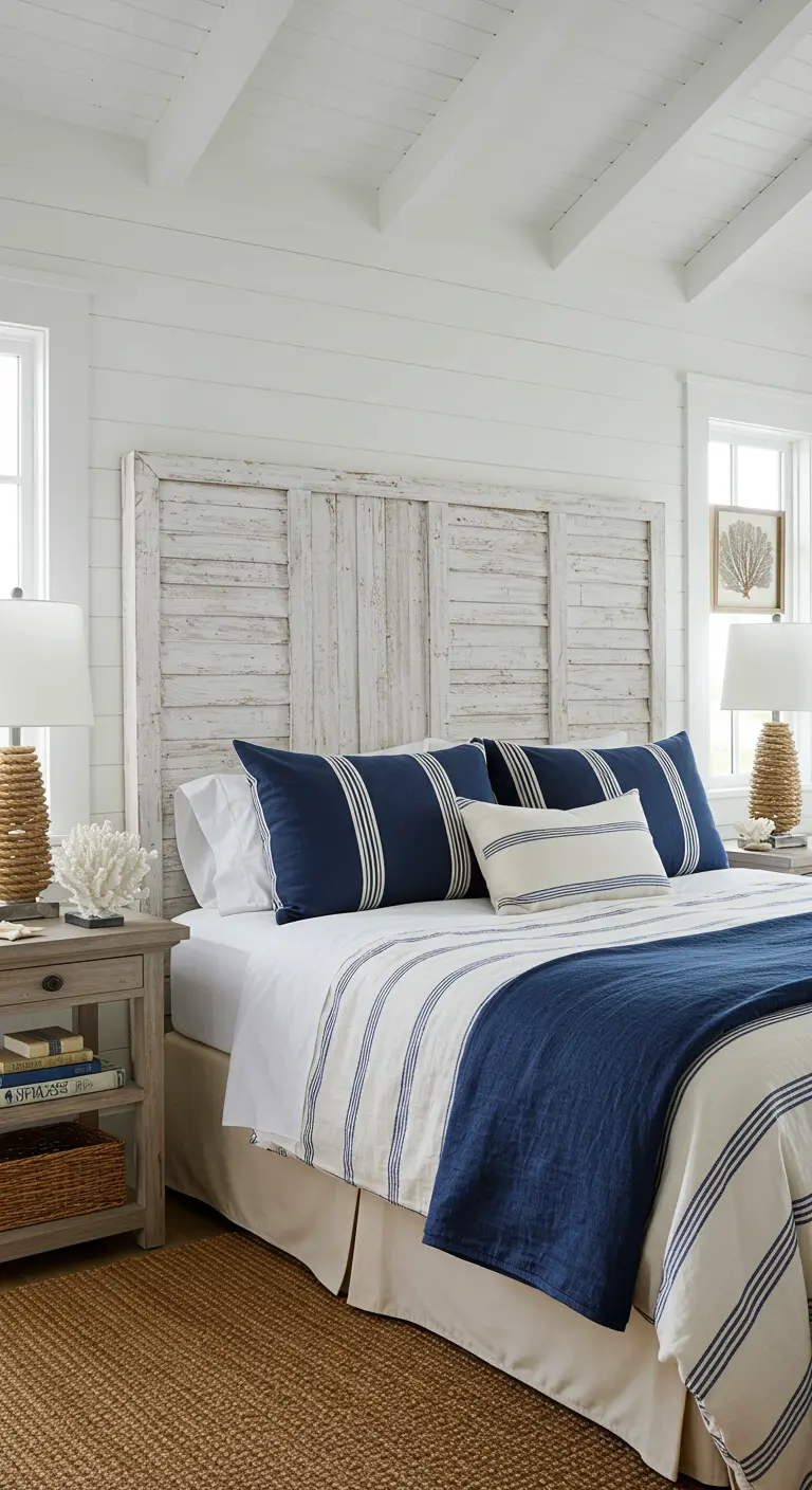 Tête de lit fabriquée à partir de vieux volets en bois peints en blanc écaillé.