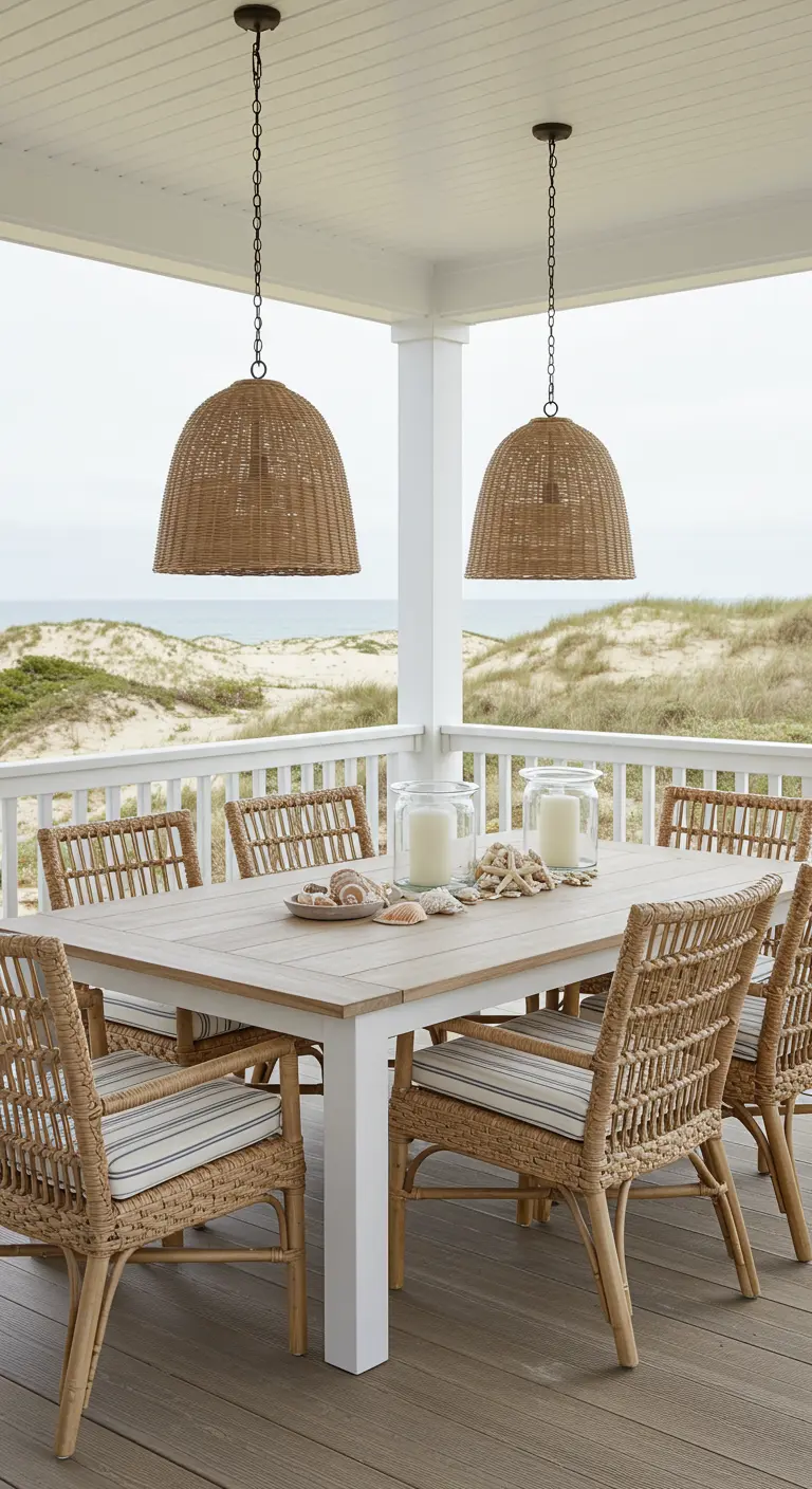 Coin repas sur un porche avec des suspensions en rotin et une décoration sur le thème de la plage.
