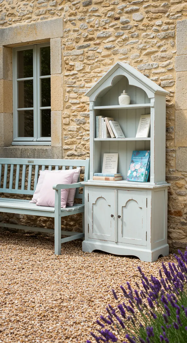 Petite bibliothèque de style cottage posée sur une terrasse en gravier.