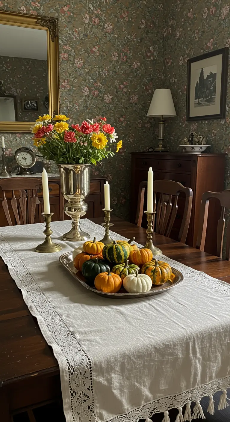 Table vintage avec chemin de table en dentelle et plateau de mini-citrouilles.