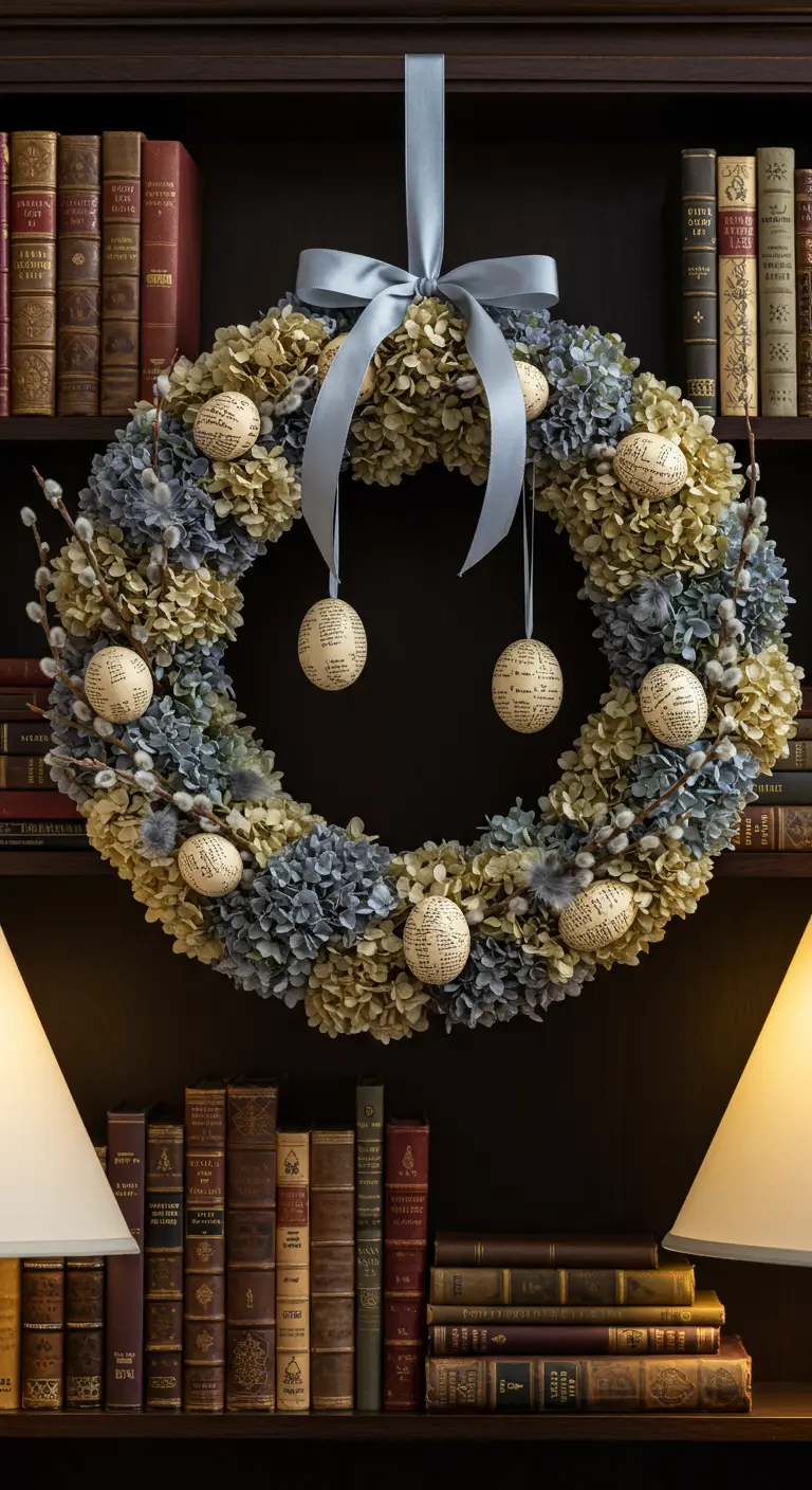 Couronne d'hortensias séchés avec des œufs recouverts de texte, accrochée à une bibliothèque.