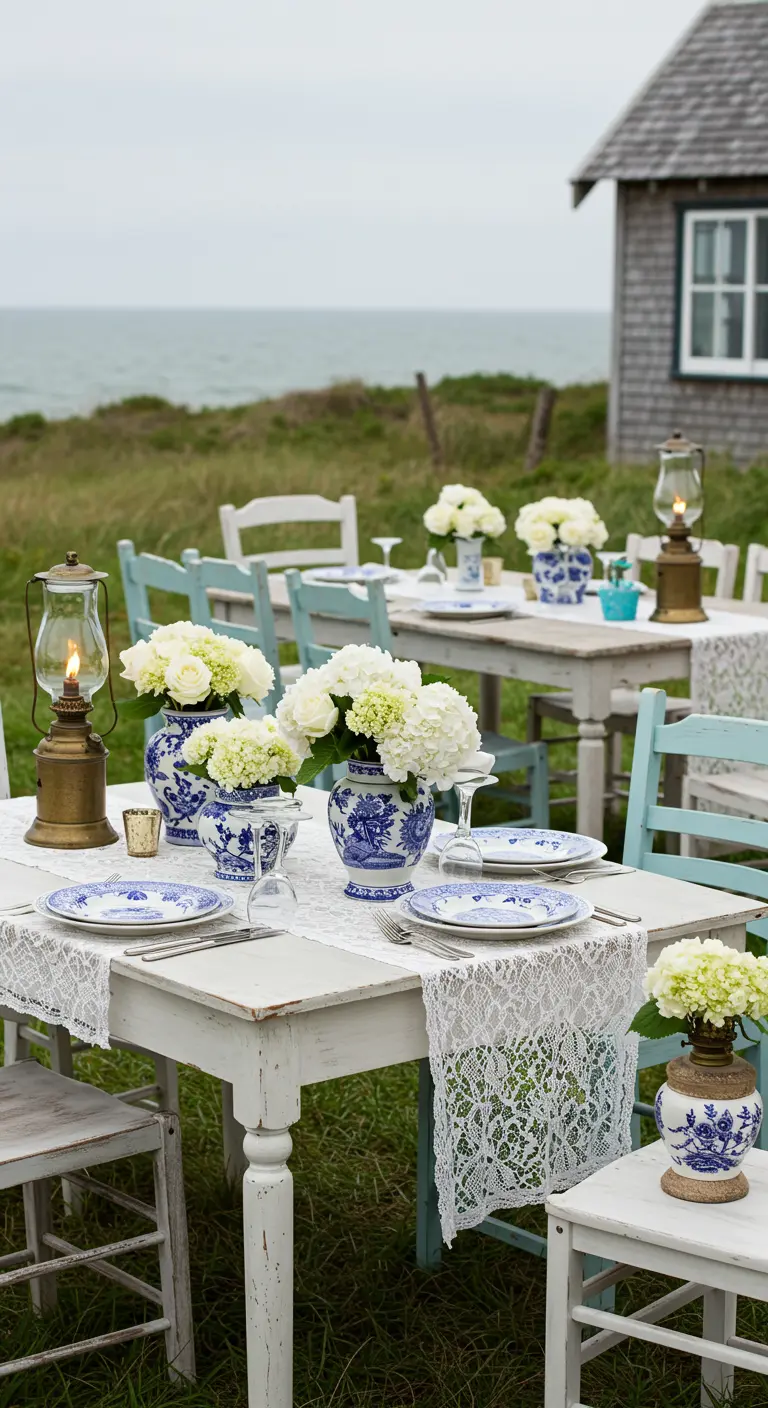Tables de jardin patinées avec chemins de table en dentelle, vaisselle bleue et blanche, et lanternes au bord de la mer.