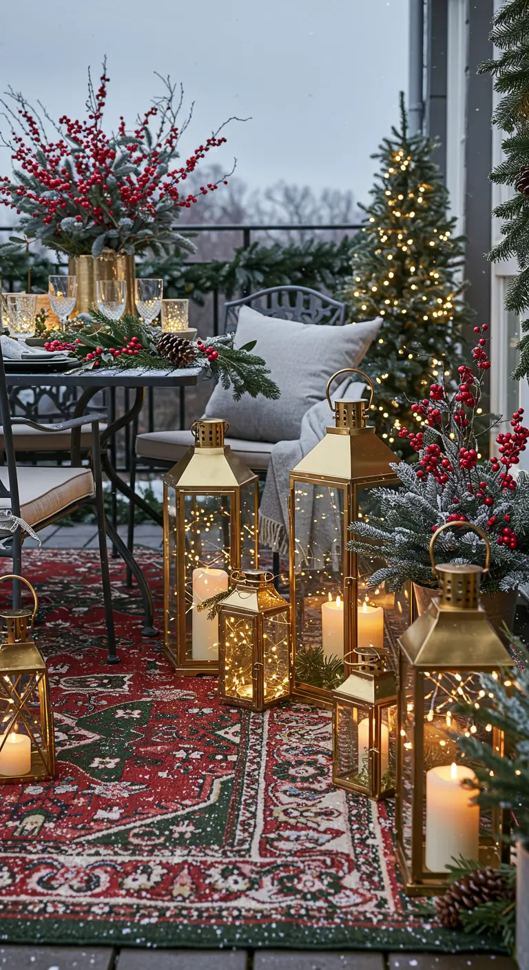Balcon de Noël enneigé avec sapin, guirlandes, baies rouges et grandes lanternes dorées, sur un tapis rouge et vert.