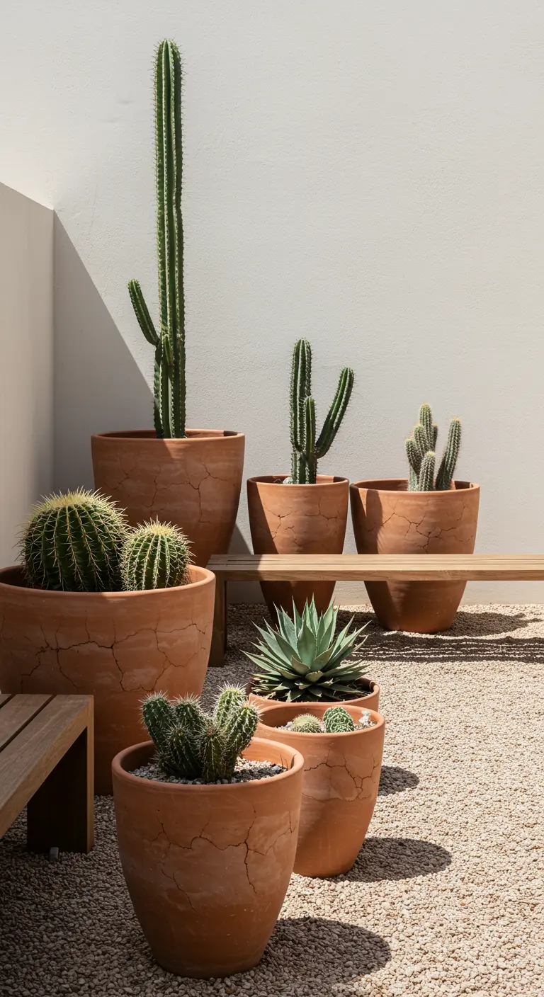 Cactus et succulentes dans des pots en terre cuite sur un lit de gravier