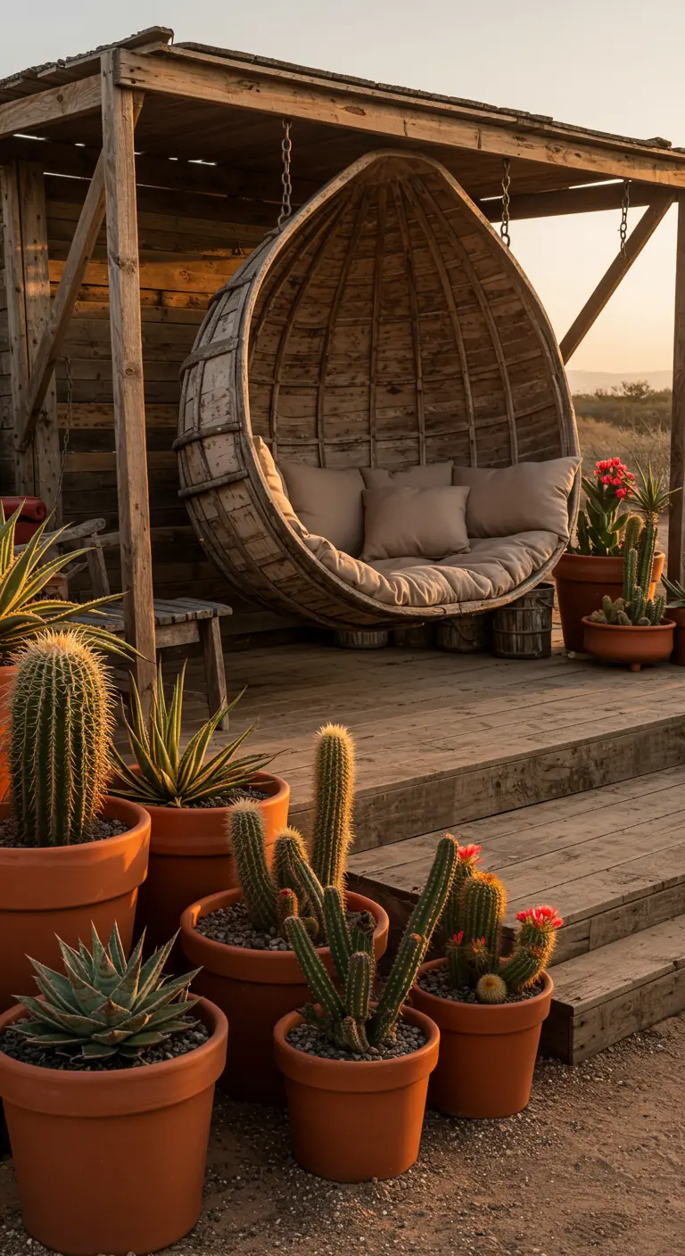 Grande chaise suspendue en bois dans un décor désertique avec de nombreux cactus en pots.
