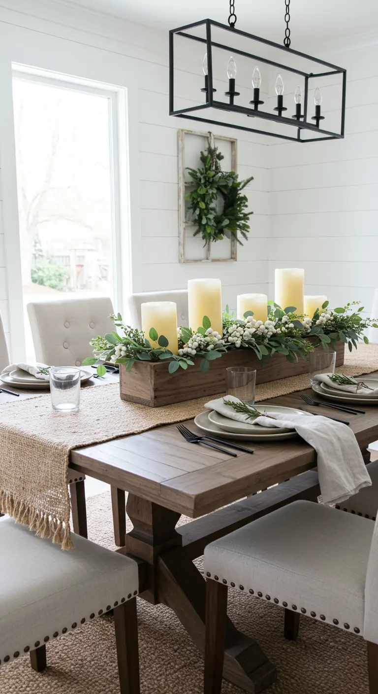Table de style farmhouse avec un centre de table en bois contenant des bougies et de la verdure.