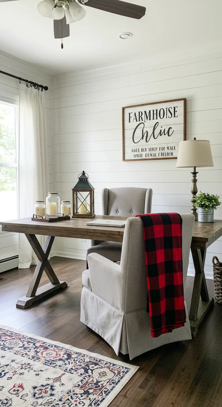 Bureau de style farmhouse avec une grande table en bois, des fauteuils en tissu et un plaid à carreaux rouge et noir.