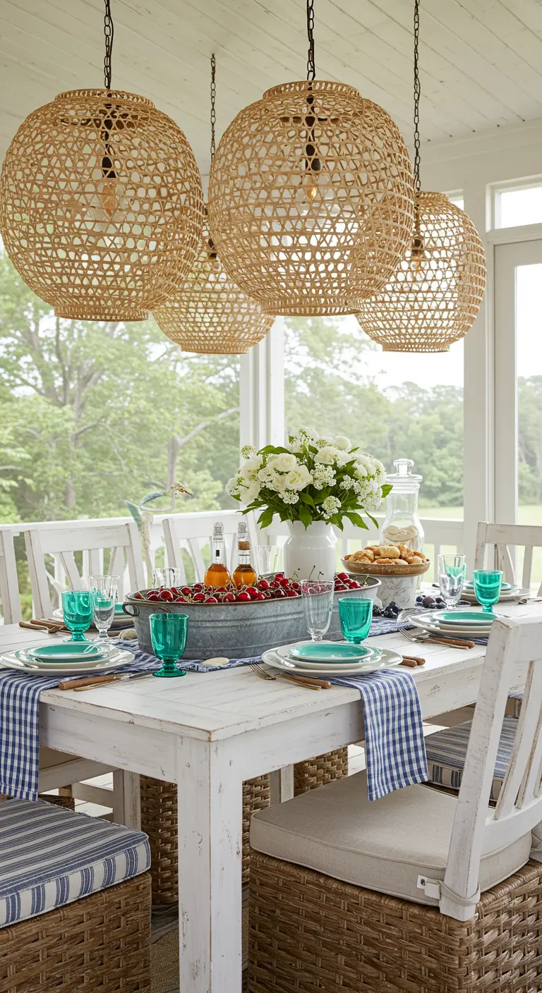 Table de style campagnard sur une véranda, avec des suspensions en rotin et un seau de cerises.