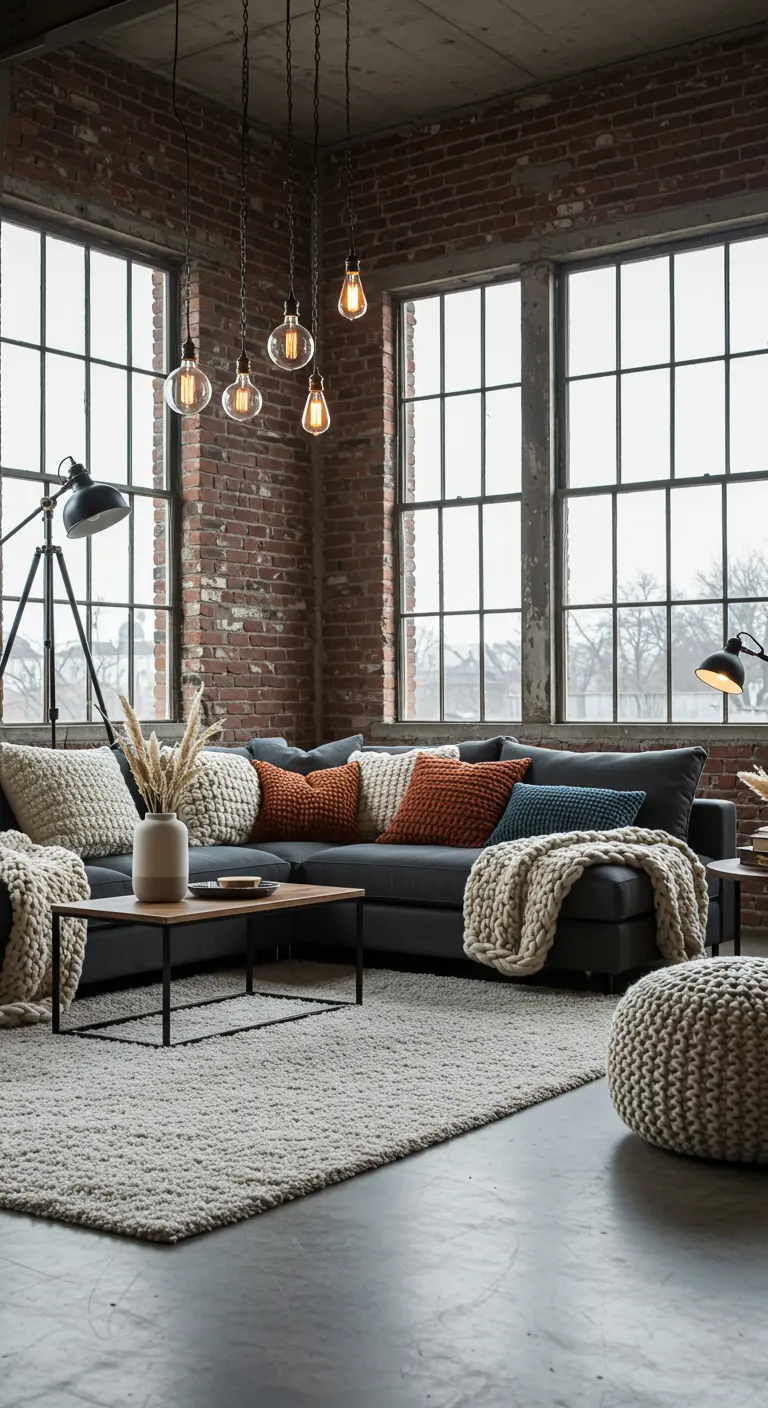 Salon industriel avec murs en briques, grand canapé gris, tapis à poils longs et coussins tricotés.