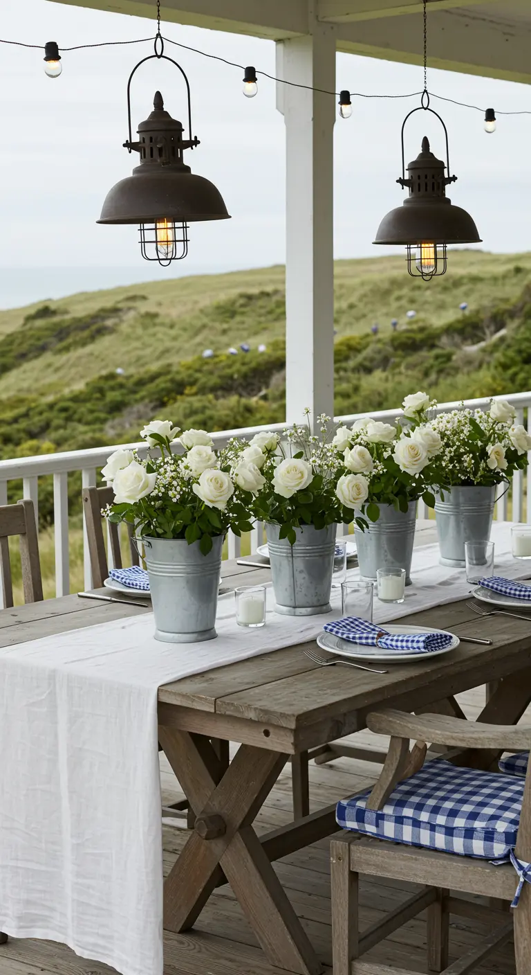 Terrasse en bord de mer avec table en bois, seaux de roses blanches, et suspensions industrielles noires.