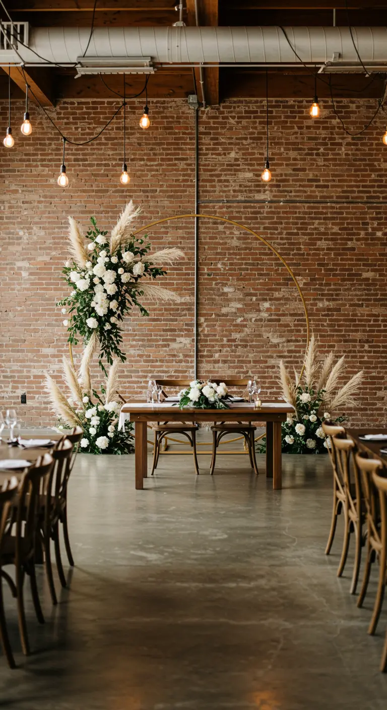 Arche de mariage circulaire dorée devant un mur de briques avec des fleurs blanches.