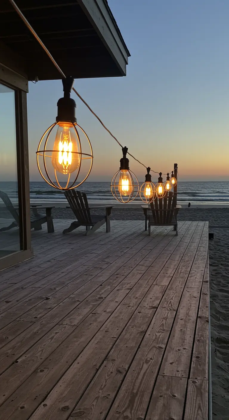Guirlande lumineuse avec cages métalliques sur une terrasse en bois face à la mer.