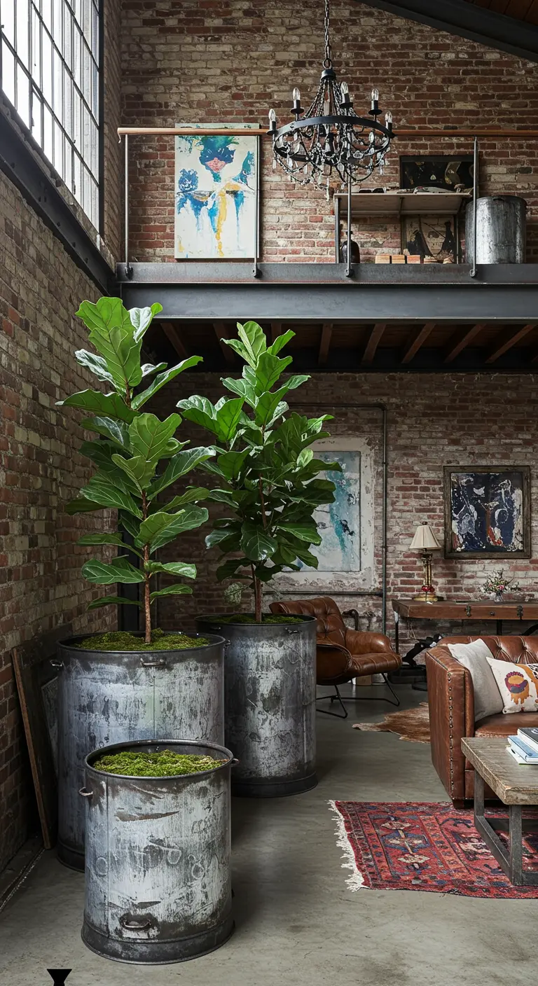Grandes plantes d'intérieur dans des bacs en métal galvanisé dans un loft industriel.