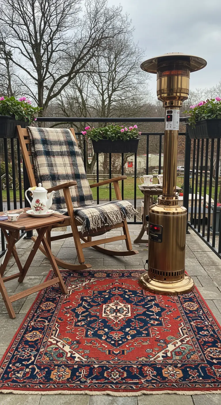 Chaise à bascule avec plaid sur une terrasse avec tapis oriental et chauffage.
