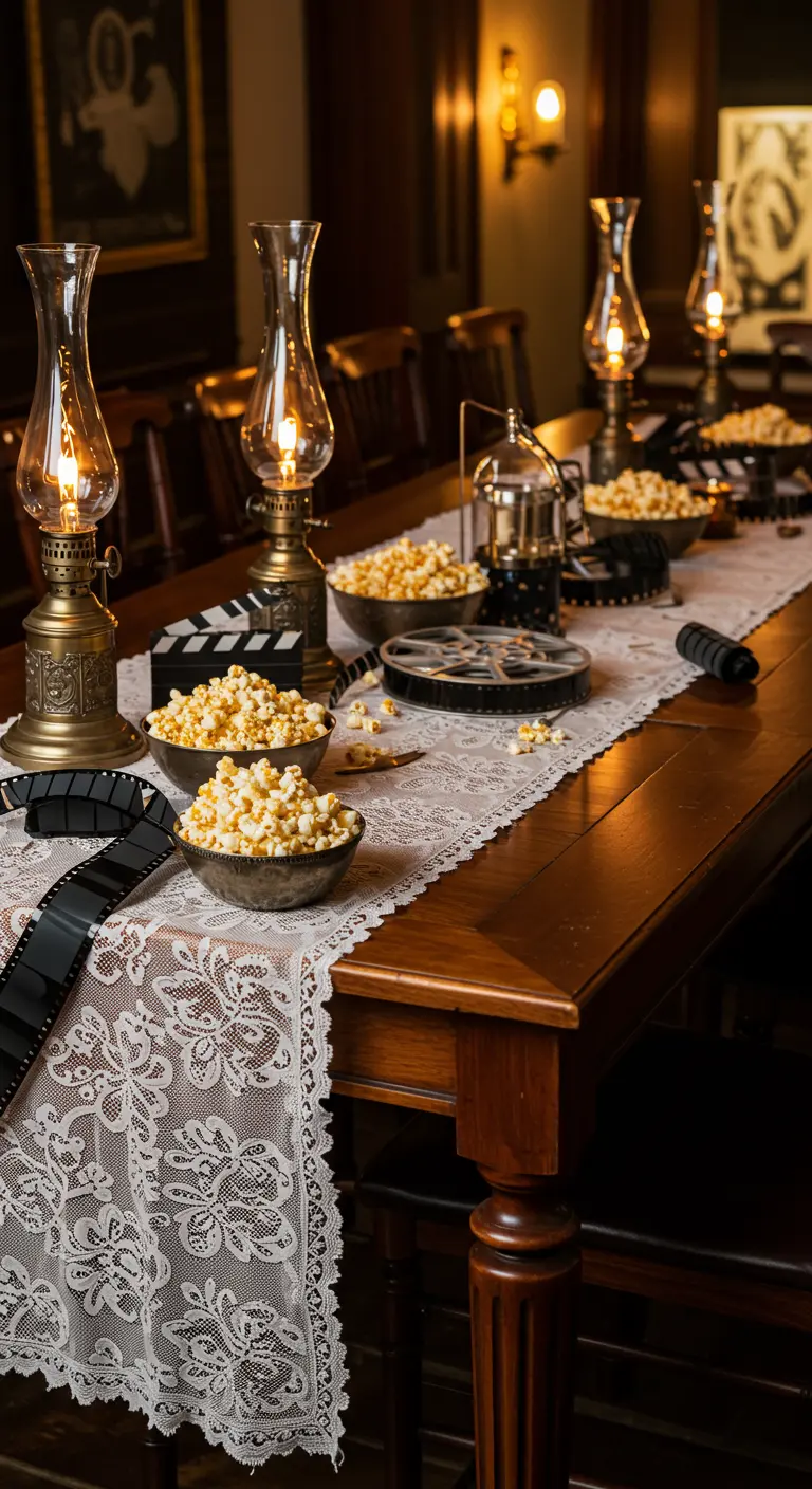 Table en bois avec chemin de table en dentelle, lampes à pétrole vintage et bandes de film.