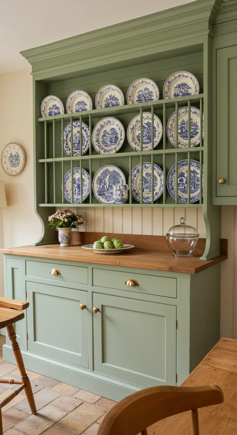 Vaisselier vert sauge avec des assiettes en céramique bleue et blanche traditionnelles exposées.