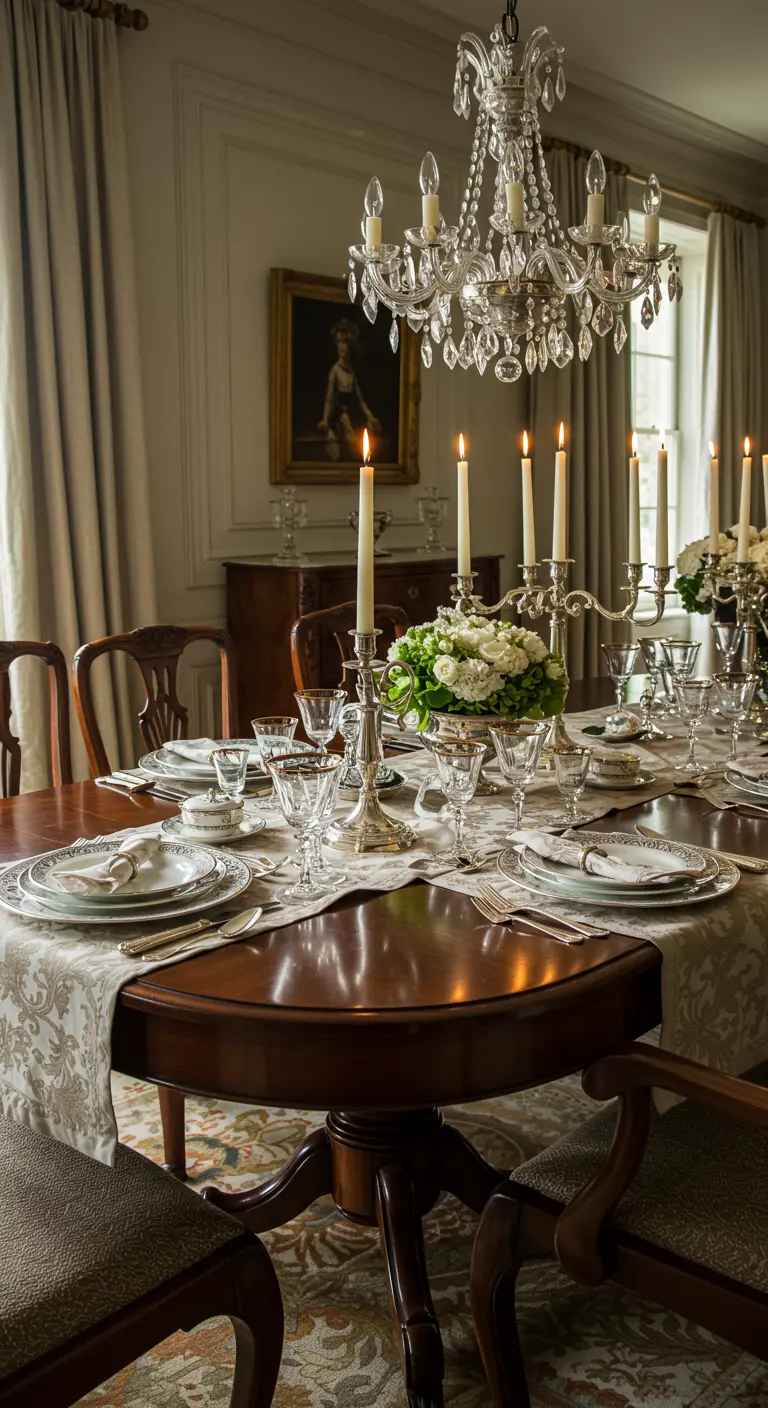 Table à manger classique et élégante avec une nappe damassée, des candélabres en argent et de la porcelaine fine.