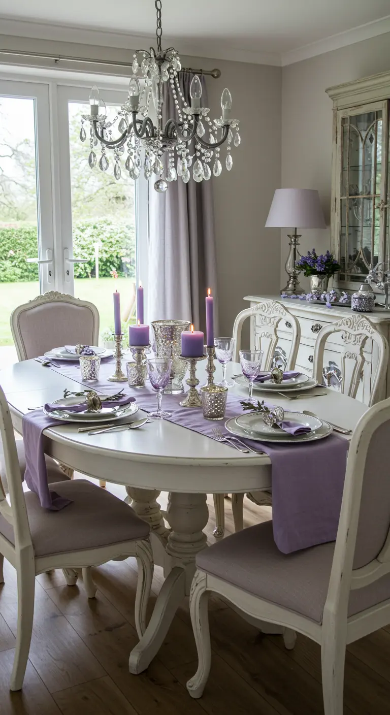 Table ovale blanche, chemin de table lilas, bougies lilas, vaisselle classique.
