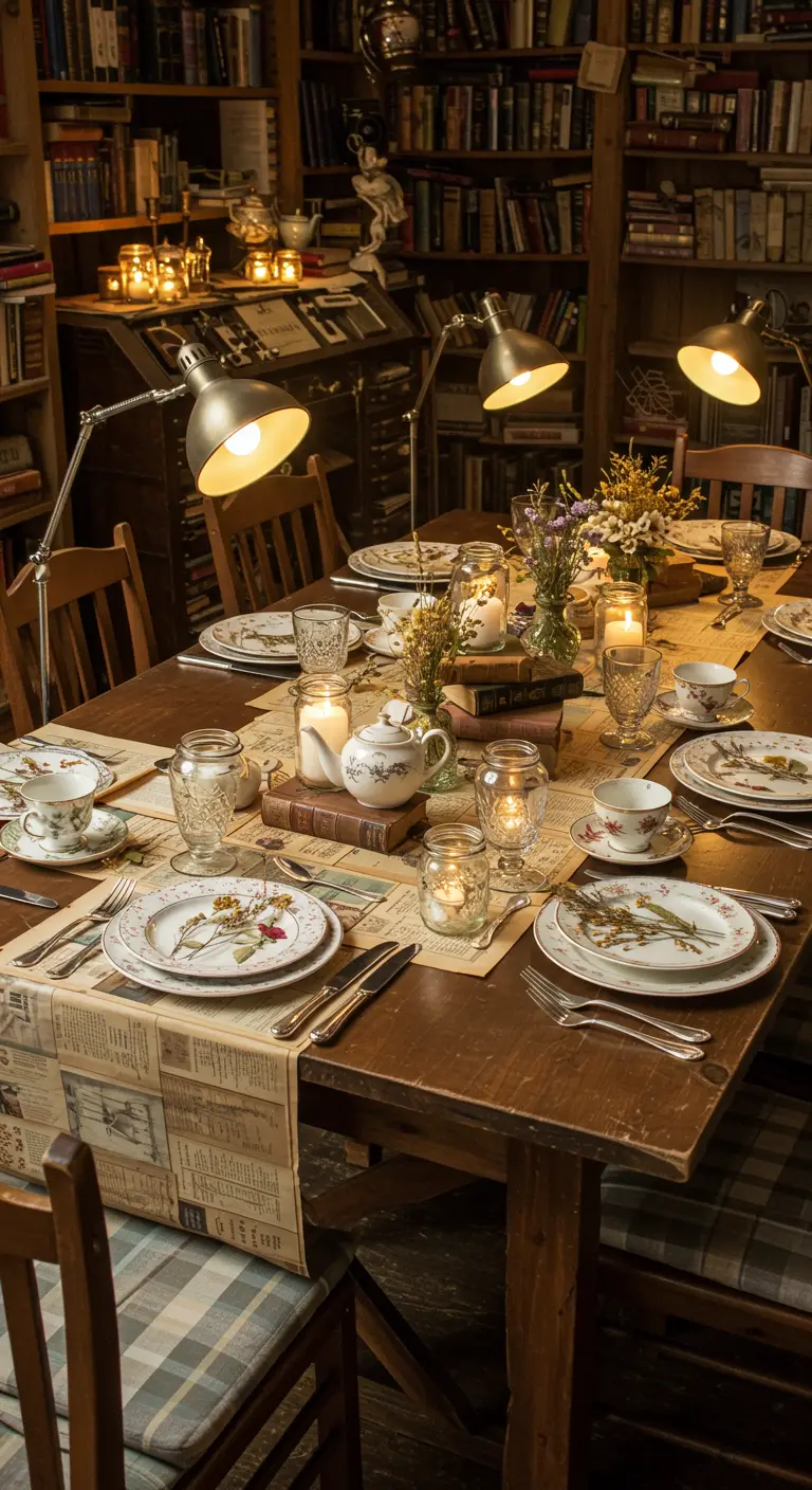 Table dressée dans une bibliothèque avec un chemin de table en papier vintage, livres et petites lampes.