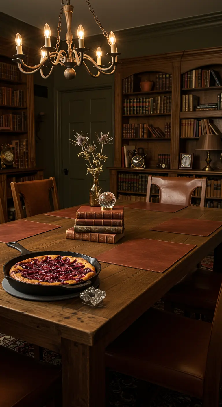 Table en bois dans une bibliothèque, livres empilés, vase de chardons, tarte dans poêle.