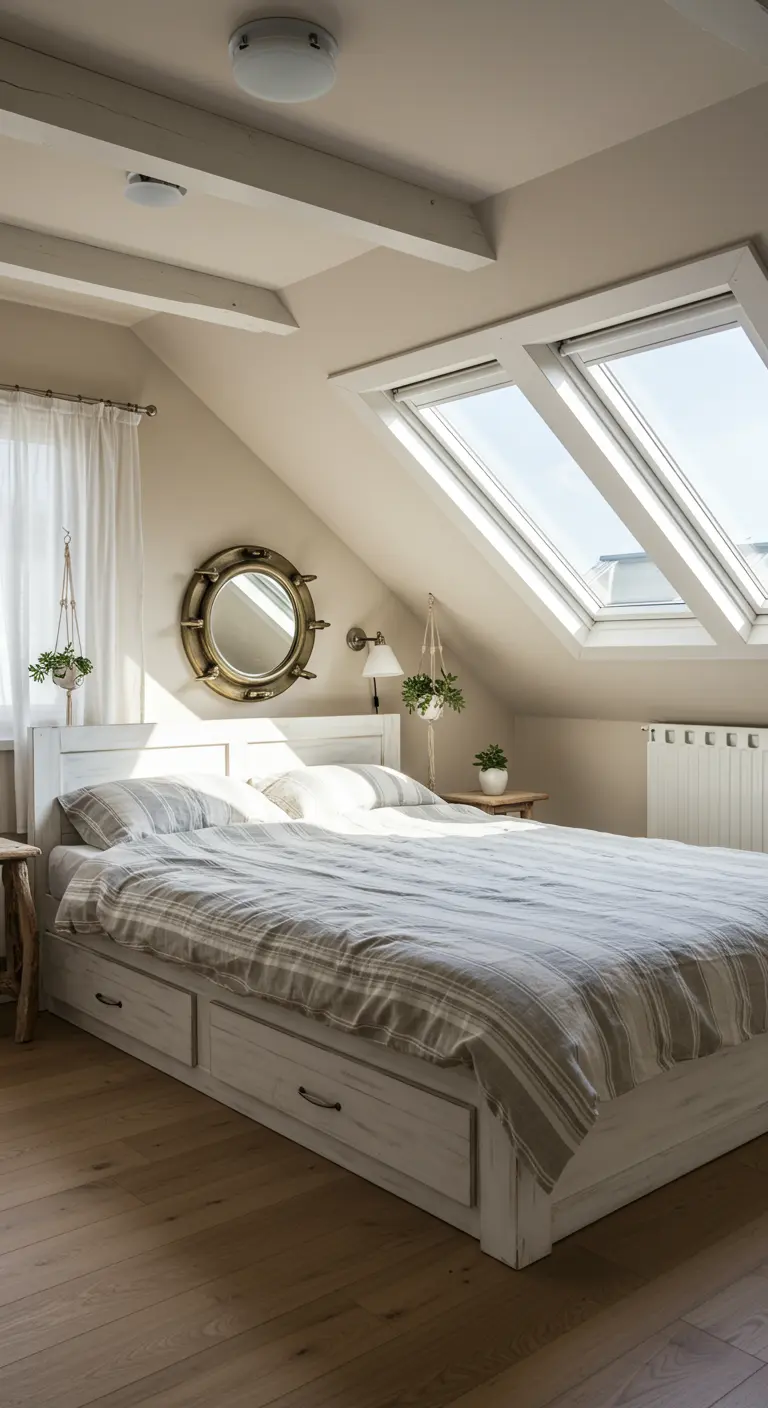 Chambre mansardée avec lit blanc, miroir hublot, plantes suspendues et grandes fenêtres de toit.