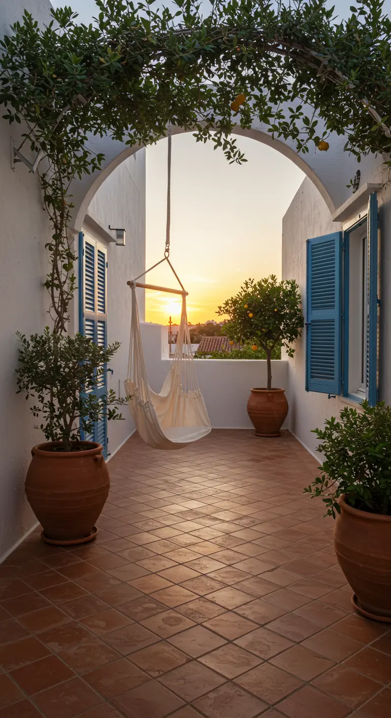 Hamac suspendu sous une arche blanche dans un patio méditerranéen.