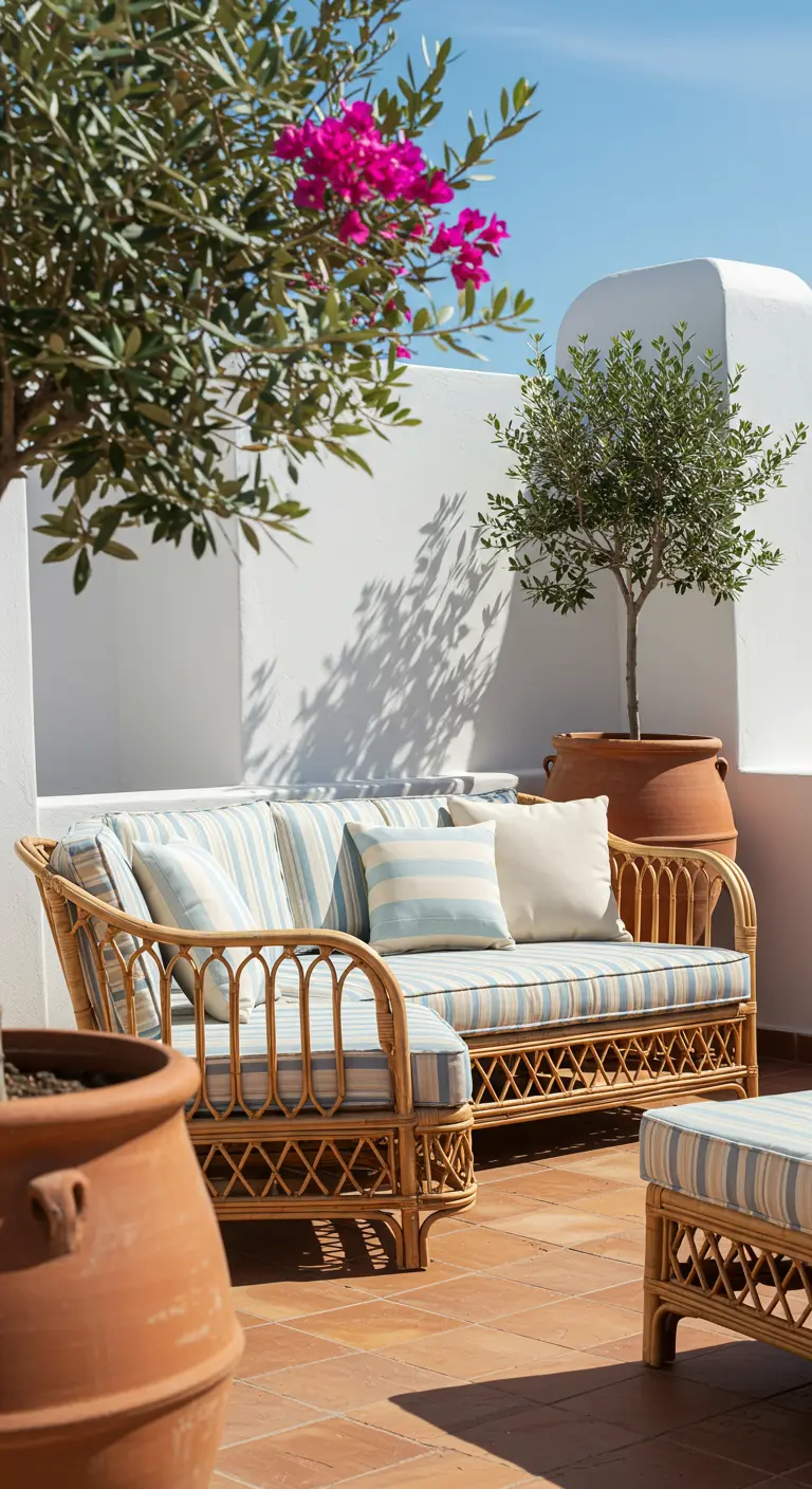 Canapé en rotin naturel avec des coussins à rayures bleues et blanches sur une terrasse en terre cuite.