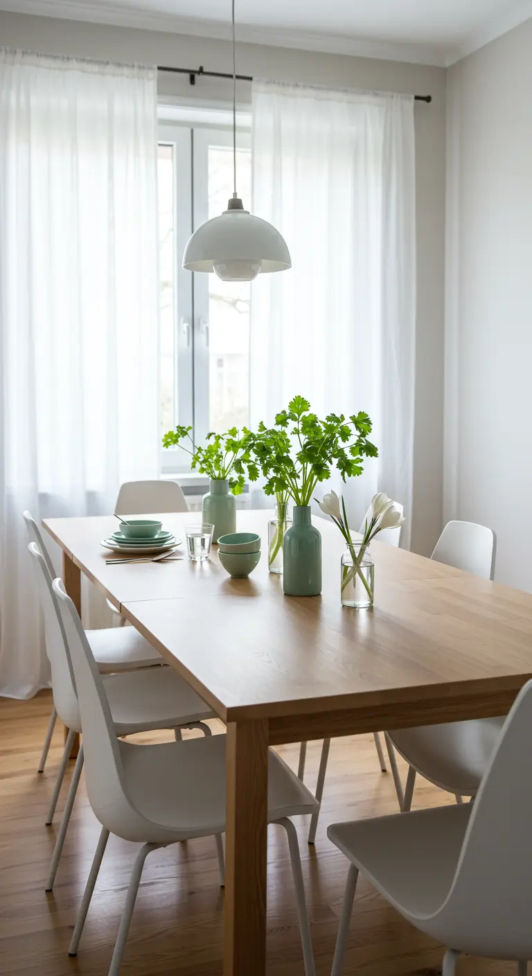 Table à manger en bois clair avec des vases remplis de persil frais et de perce-neige.