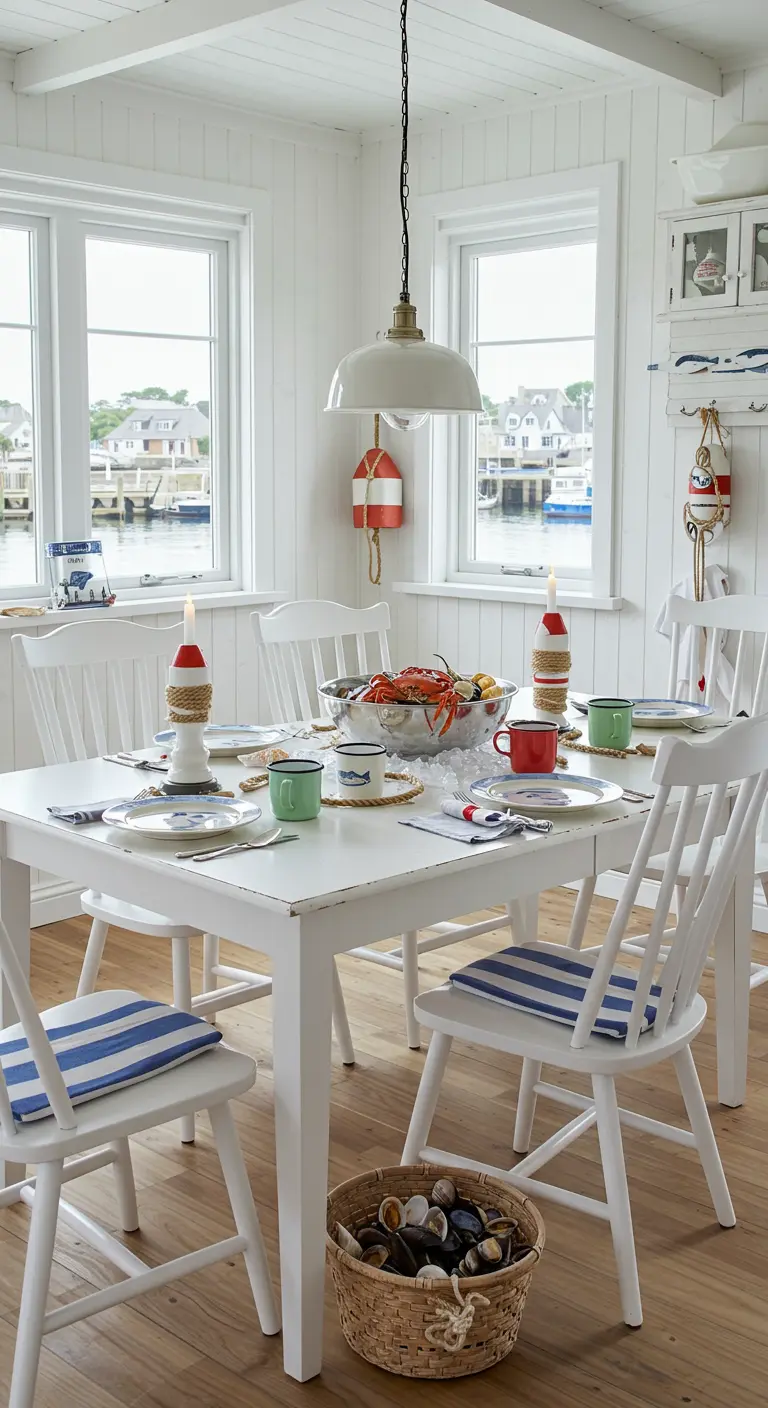 Table nautique blanche avec vaisselle rouge, verte et bleue, et décorations marines.