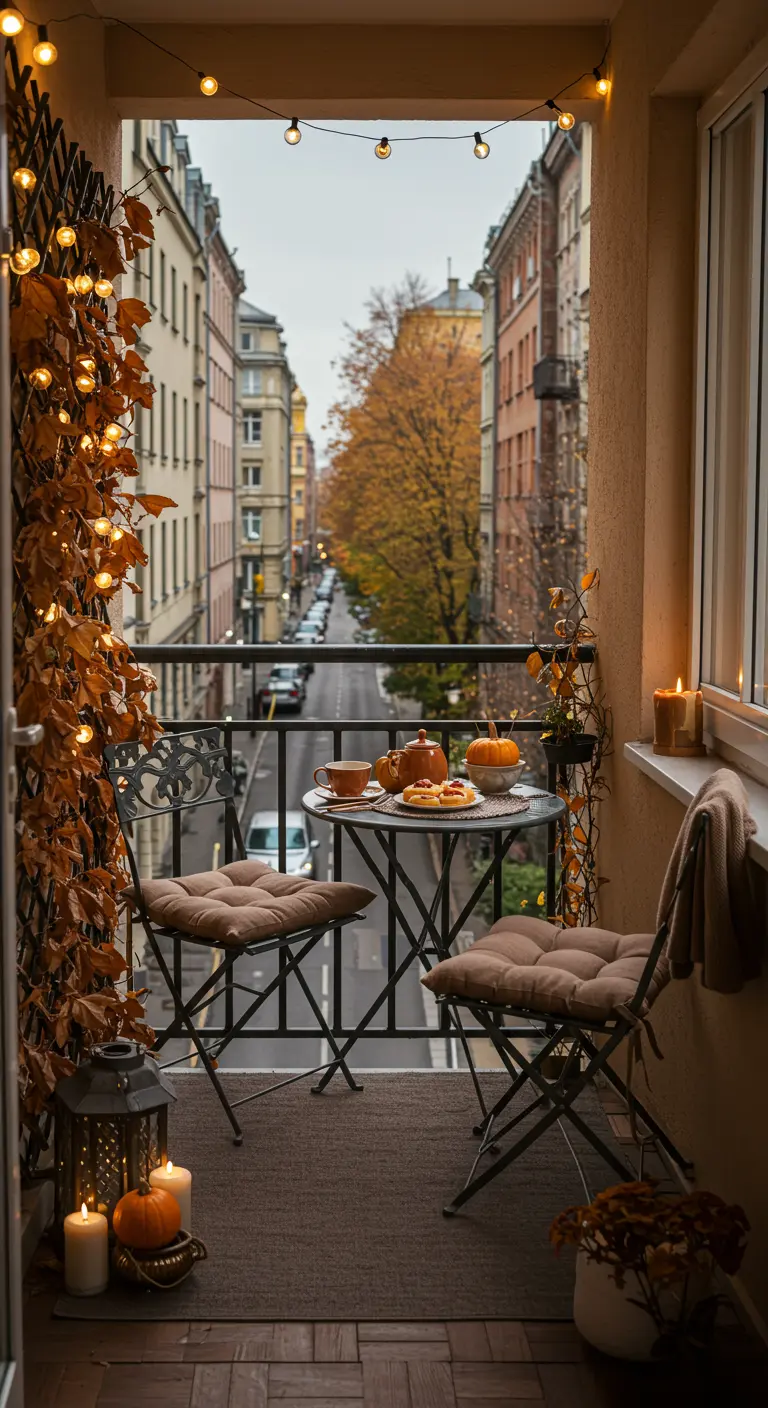 Balcon parisien avec treille lumineuse, ensemble bistro, bougies et décor automnal.