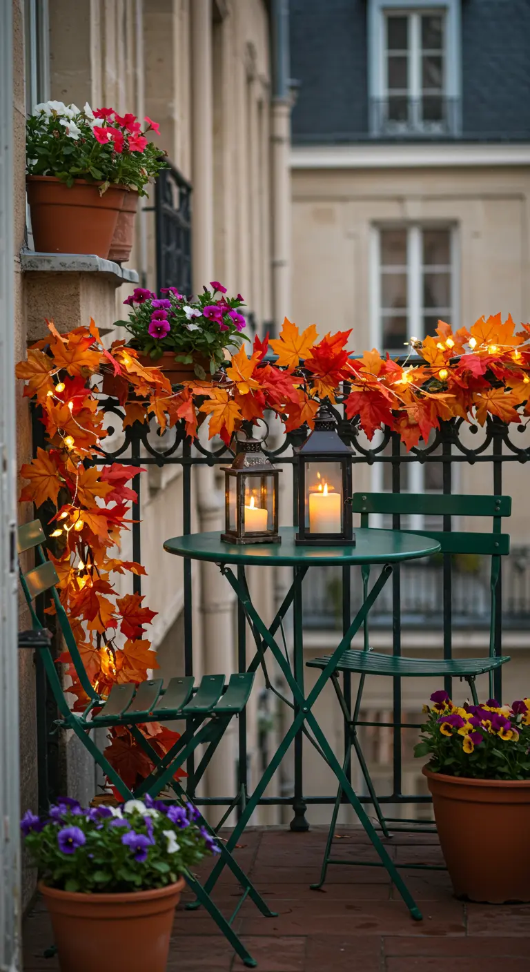 Balcon parisien avec table et chaises vertes, guirlande lumineuse de feuilles d'érable, pensées et lanternes.