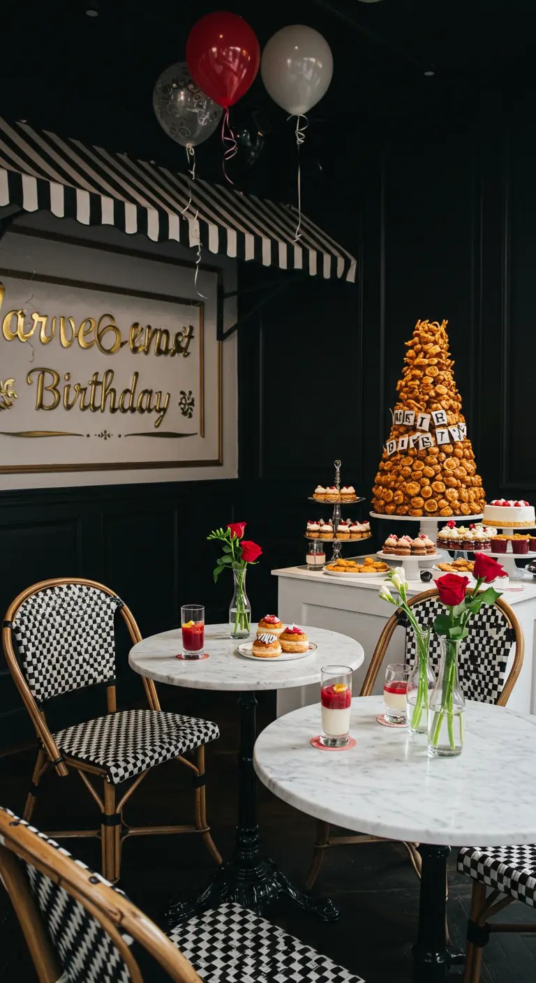 Café parisien décoré pour un anniversaire, avec tables en marbre, chaises bistrot et roses rouges.