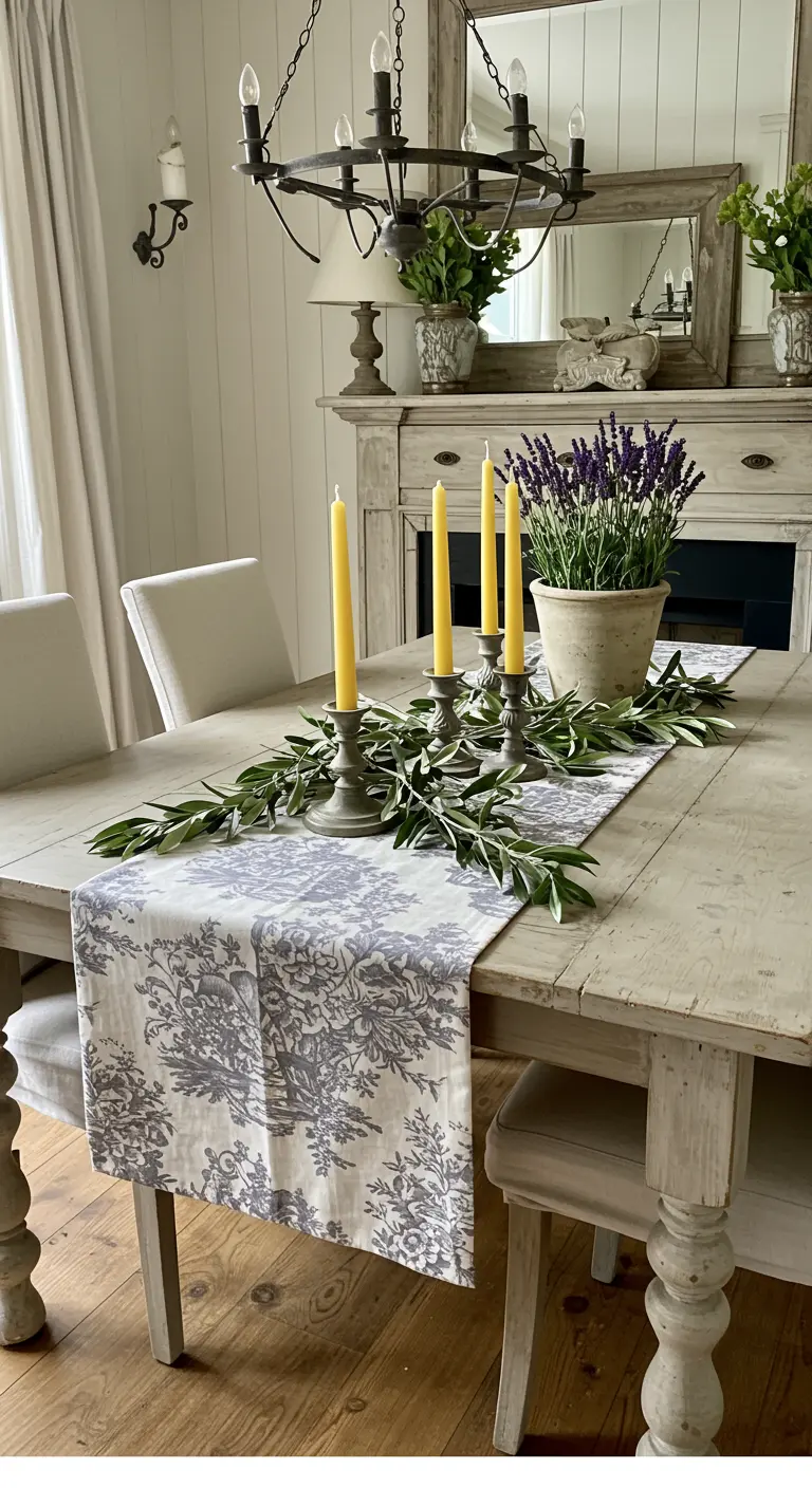 Table de style provençal avec chemin de table à motifs et branches d'olivier.