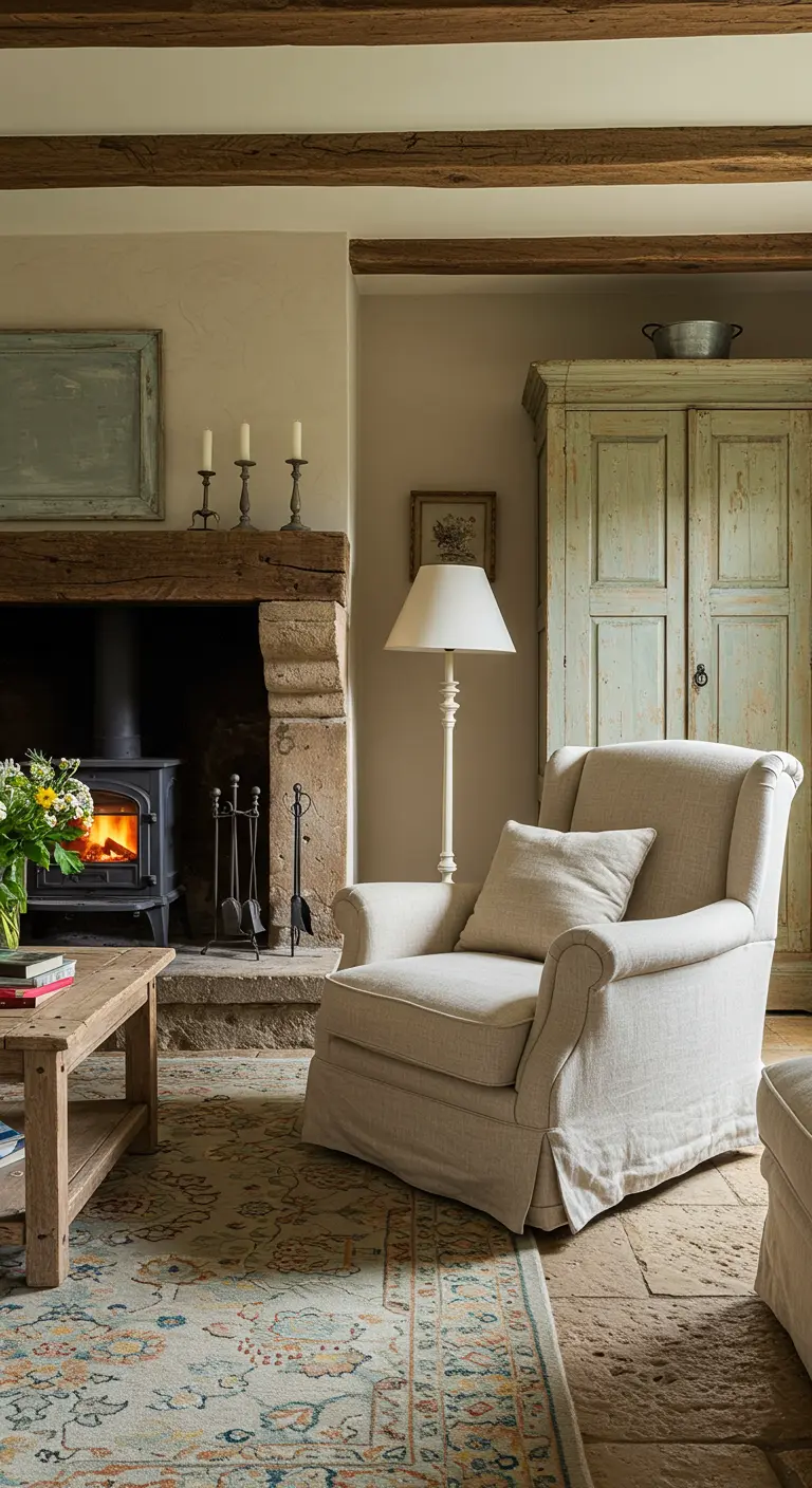 Fauteuil en lin beige près d'une cheminée rustique en pierre.