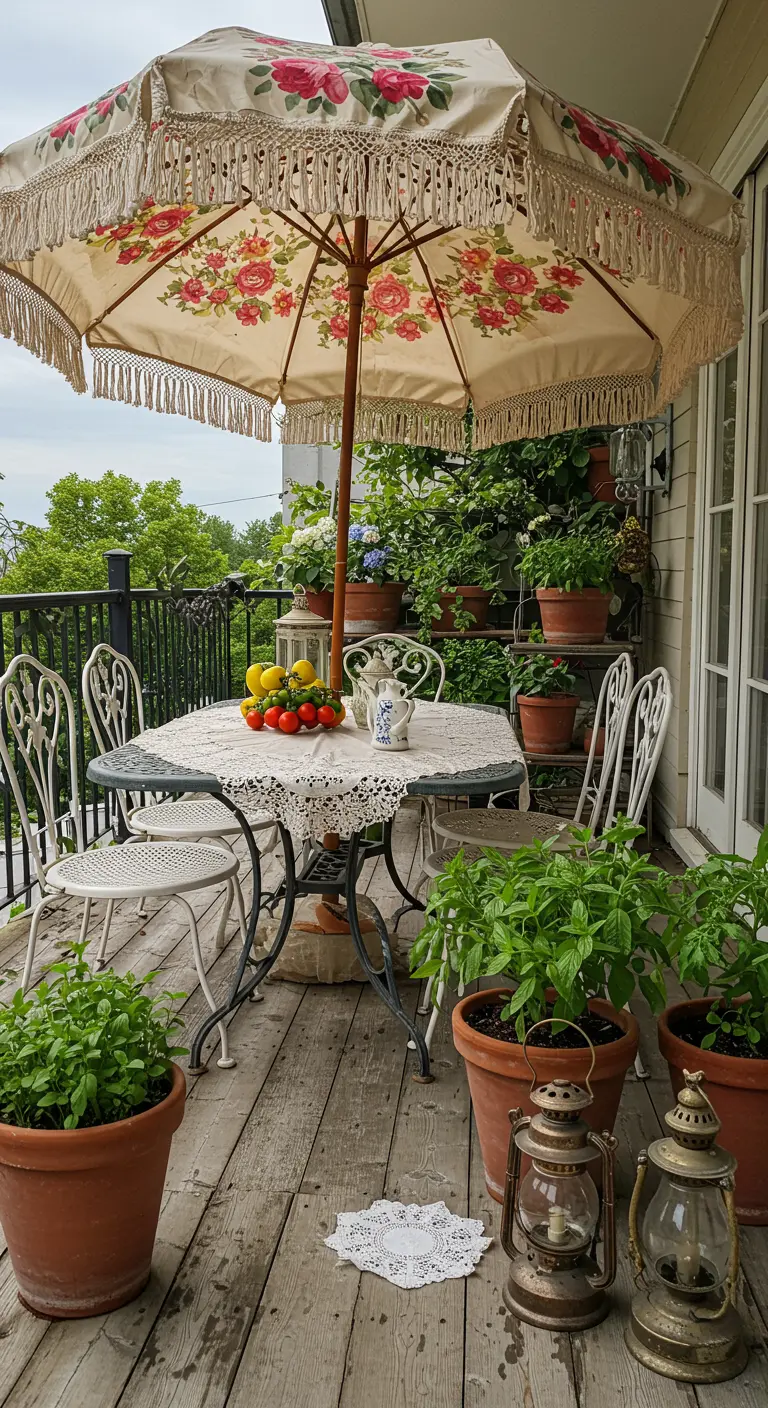Balcon rétro avec parasol à motifs floraux, table en fer forgé et poteries anciennes.