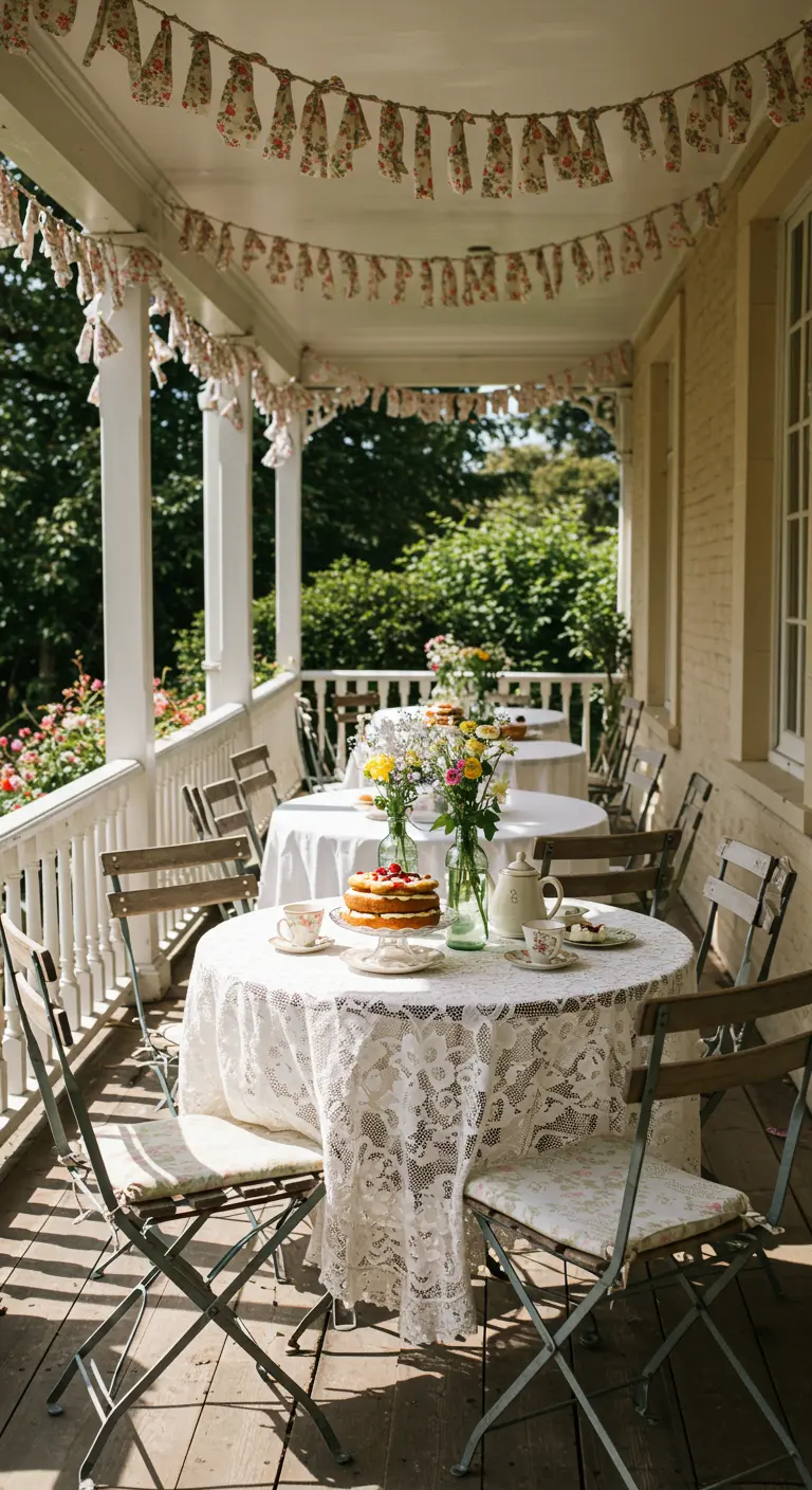 Fête sur une véranda avec tables en dentelle, chaises bistro et guirlande fleurie.