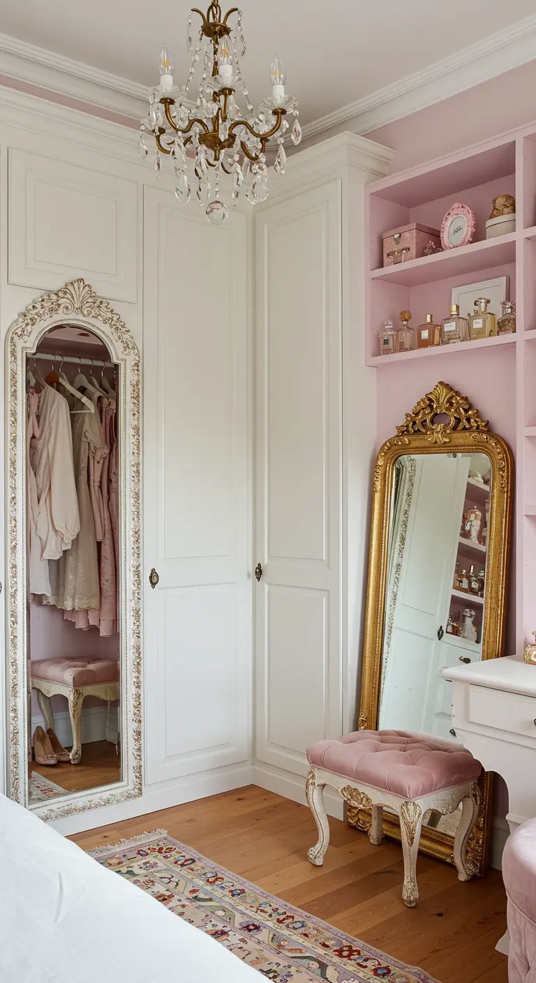 Dressing blanc mouluré avec miroirs dorés, étagères roses et lustre.
