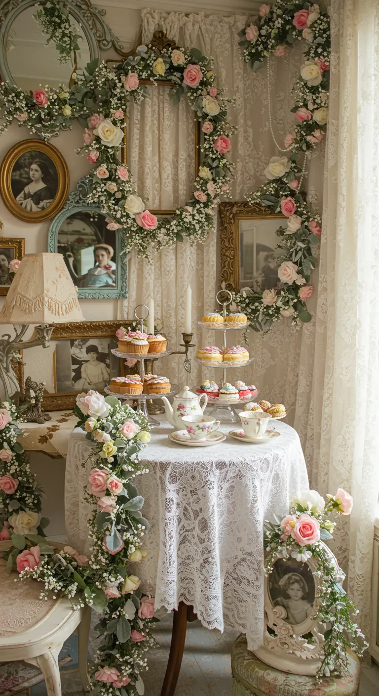 Guirlandes de roses pâles et gypsophile décorant des miroirs, cadres et une table à thé vintage.