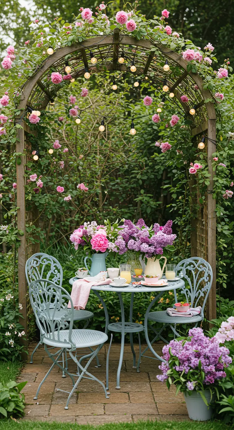 Table bistro bleue sous une arche de roses roses avec guirlandes lumineuses dans un jardin fleuri.